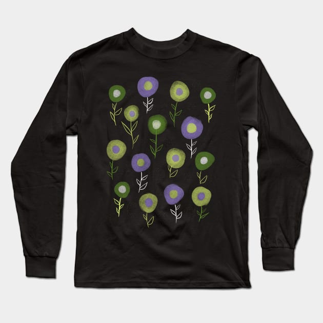 Dark Floral Pattern - Green Purple Round Flowers Long Sleeve T-Shirt by Boriana Giormova